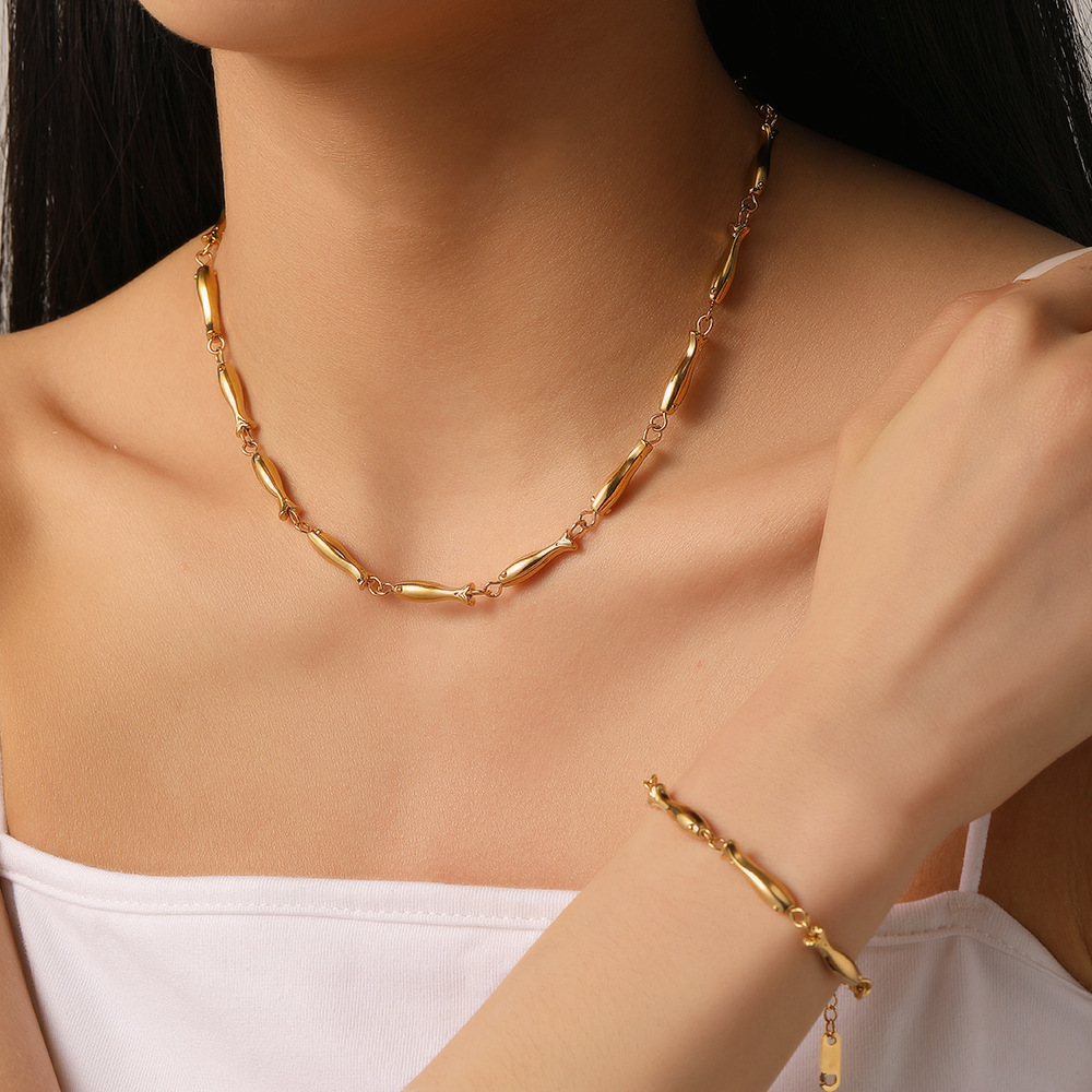 Stainless Steel 18K Gold Plated Titanium Necklace Jewelry Set Min Bracelet - view 2