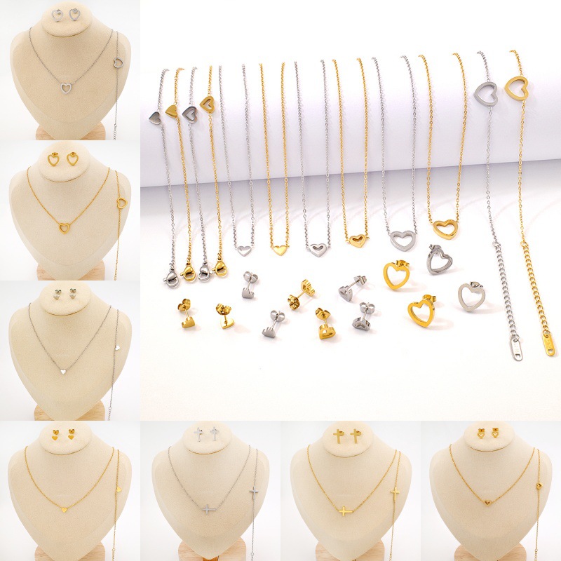 18K Gold Plated Titanium Steel Necklace Studs Jewelry Set Minima Earrings - view 2