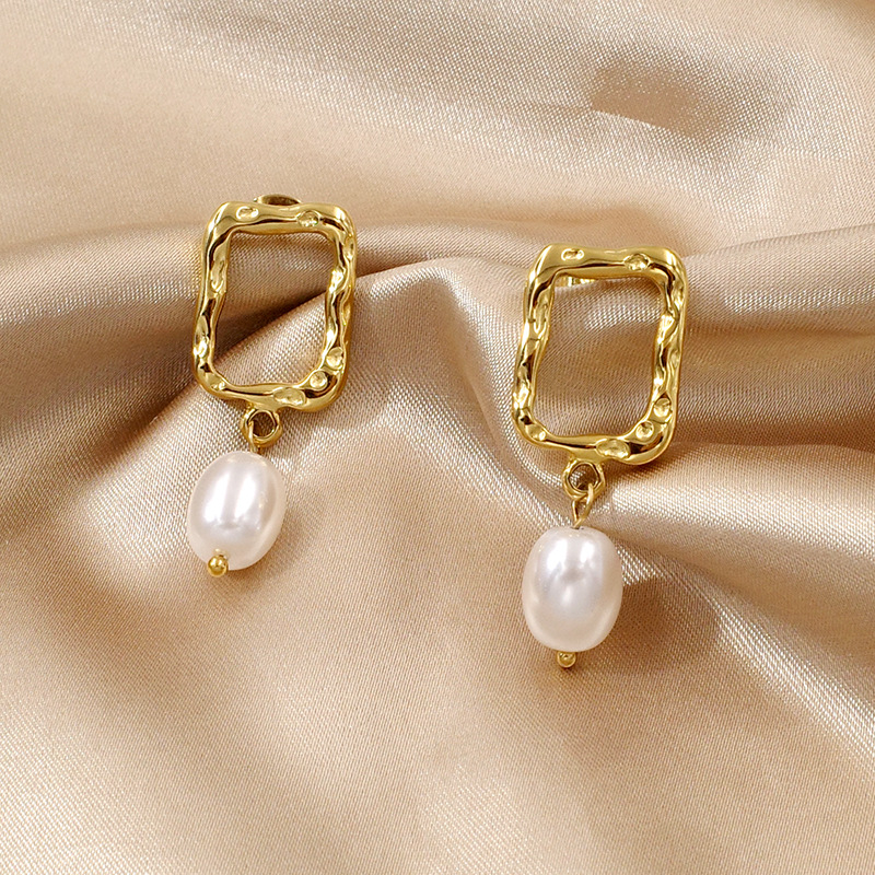 Irregular Titanium Steel Gold Plated Studs Geometric Pearl Earrings thumbnail 3