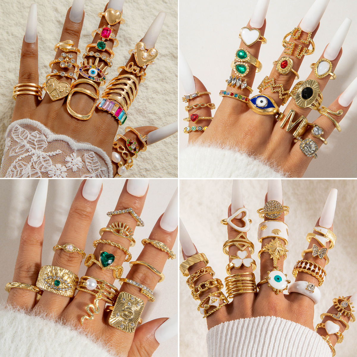 Alloy Jewelry Set Hollow Geometric Vintage European & American Style Pearl Ring