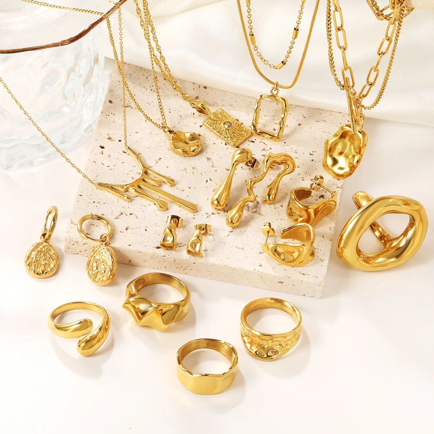 Stainless Steel 18K Gold Plated Irregular Necklace Earrings Jewelry Ring