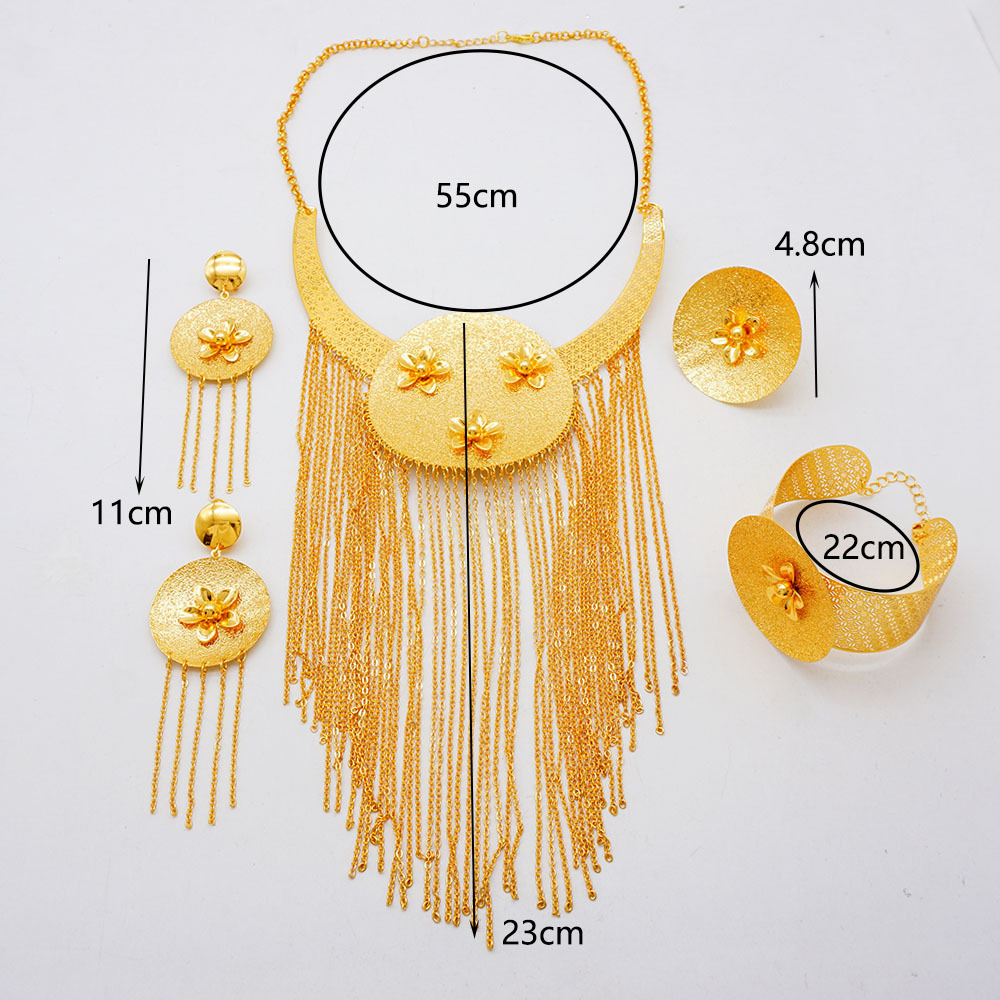 18K Gold Plated Ring Necklace Earrings Bracelet Tassel W Jewelry Set thumbnail 4