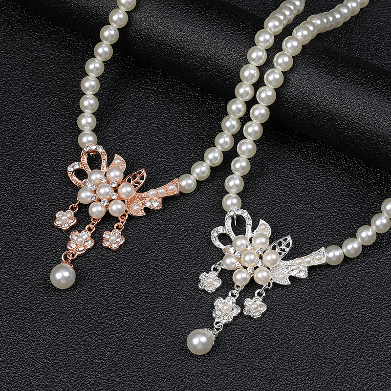 Alloy Necklace Earrings Pearl Flower Jewelry Set - view 2