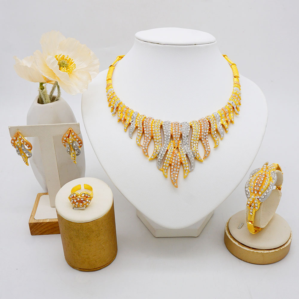 24K Gold Plated 4-Piece Ring Necklace Earrings Bracelet Crystal Jewelry Set