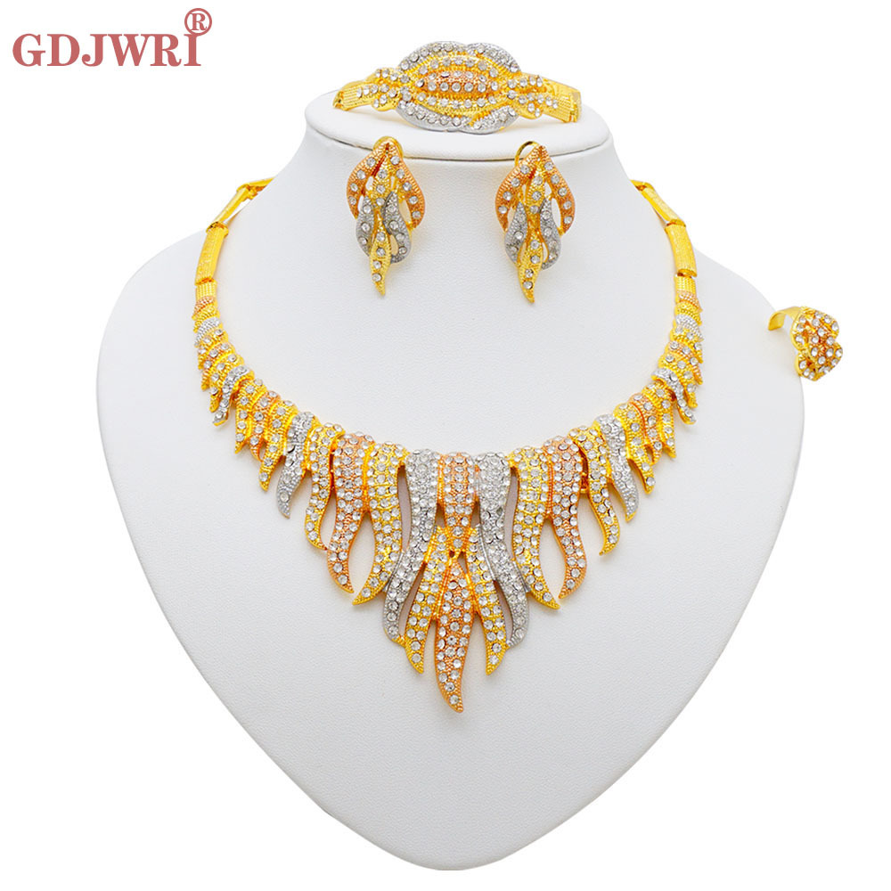 24K Gold Plated 4-Piece Ring Necklace Earrings Bracelet Crystal Jewelry Set thumbnail 5