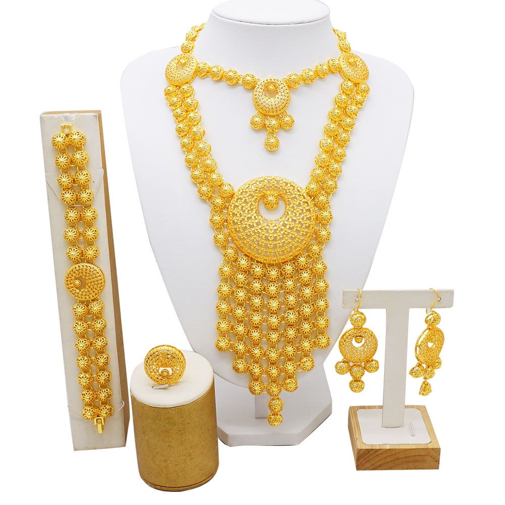 24K Gold Plated Ring Necklace Earrings Bracelet Middle East Jewelry Set