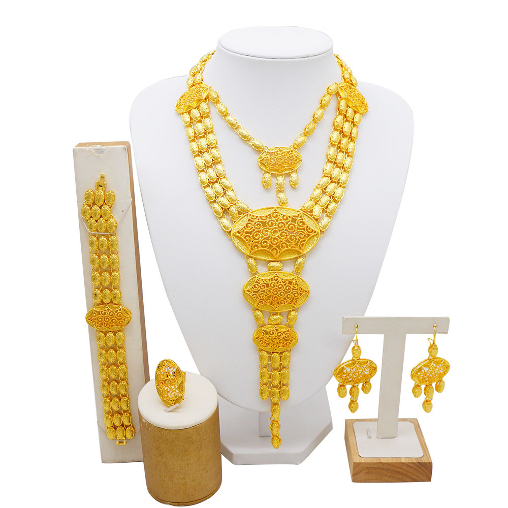 24K Gold Plated Ring Necklace Earrings Bracelet Tassel Middle East Jewelry Set thumbnail 5