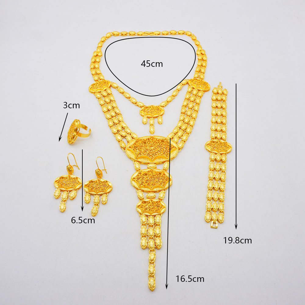 24K Gold Plated Ring Necklace Earrings Bracelet Tassel Middle East Jewelry Set thumbnail 11