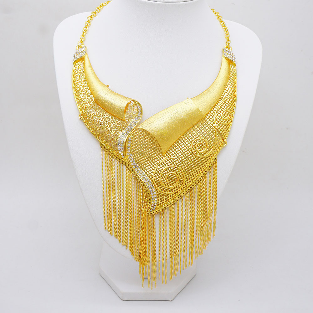 24K Gold Plated Ring Necklace Earrings Bracelet Tassel Middle East Jewelry Set thumbnail 12