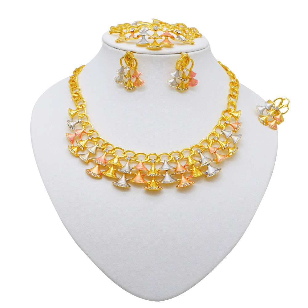 4-Piece Gold Plated Ring Necklace Earrings Bracelet Crystal Dubai Jewelry Set