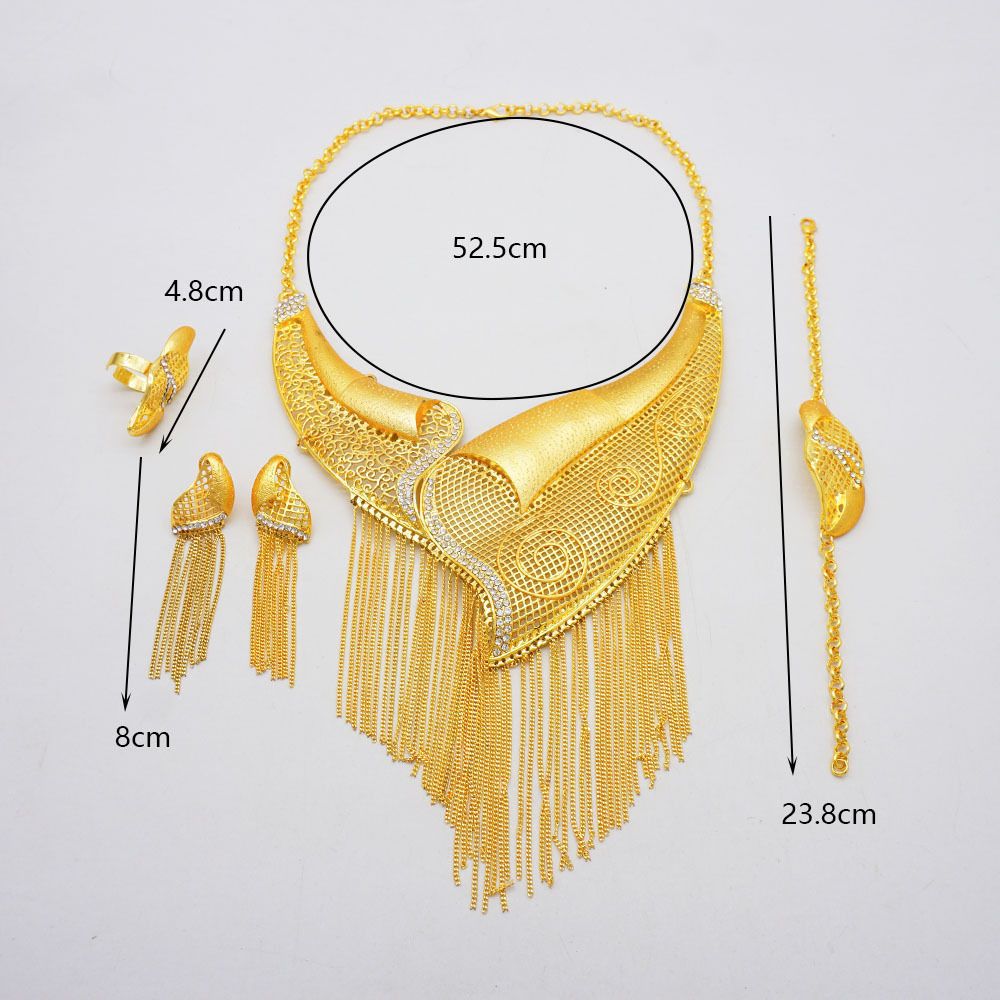 24K Gold Plated Ring Necklace Earrings Bracelet European & American Jewelry Set thumbnail 10