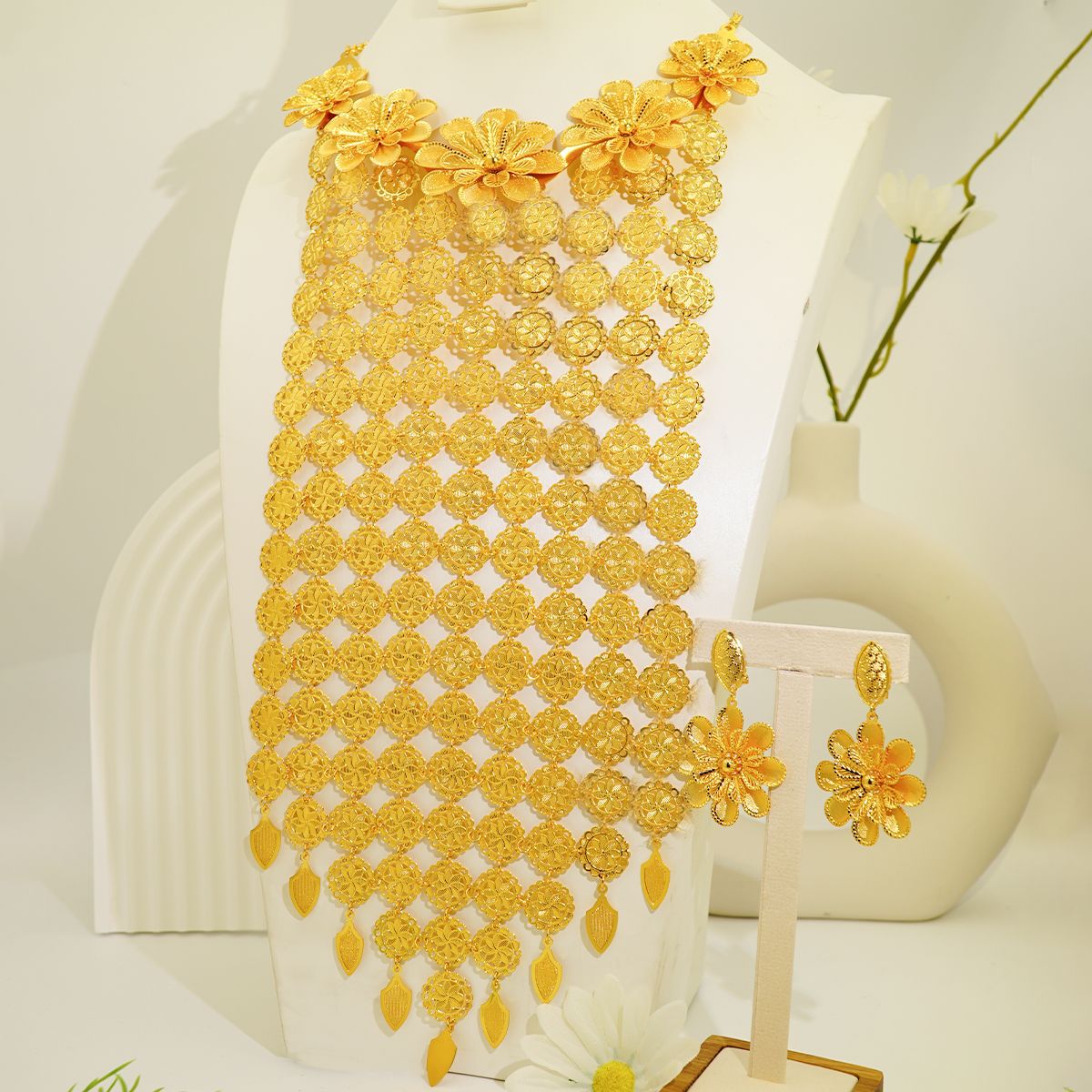 24K Gold Plated Necklace Earrings Hollow Europea Jewelry Set - view 2