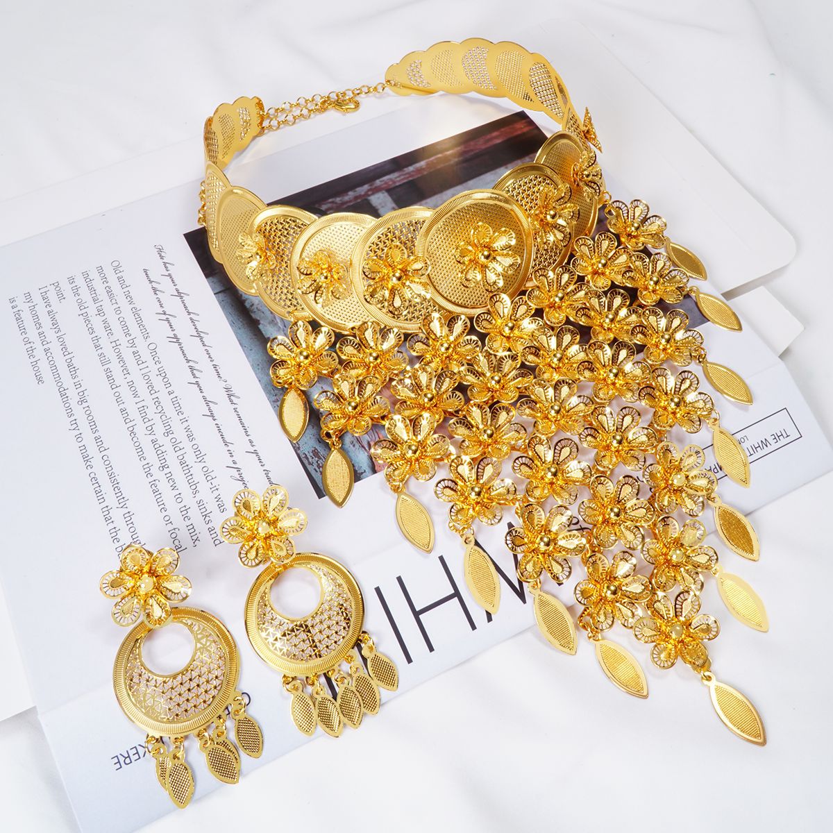 Necklace Earrings Flower Tassel Wedding Banquet Dubai Middle Jewelry Set - view 2