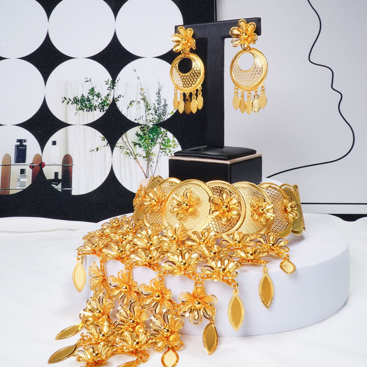 Necklace Earrings Flower Tassel Wedding Banquet Dubai Middle Jewelry Set thumbnail 3