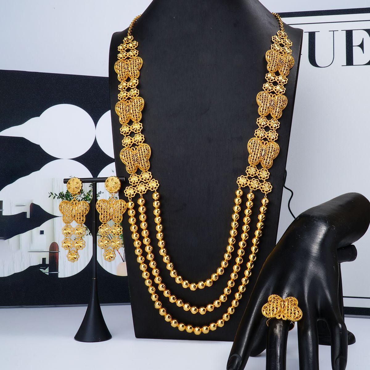 24K Gold Plated Ring Necklace Earrings Bracelet Jewelry Set