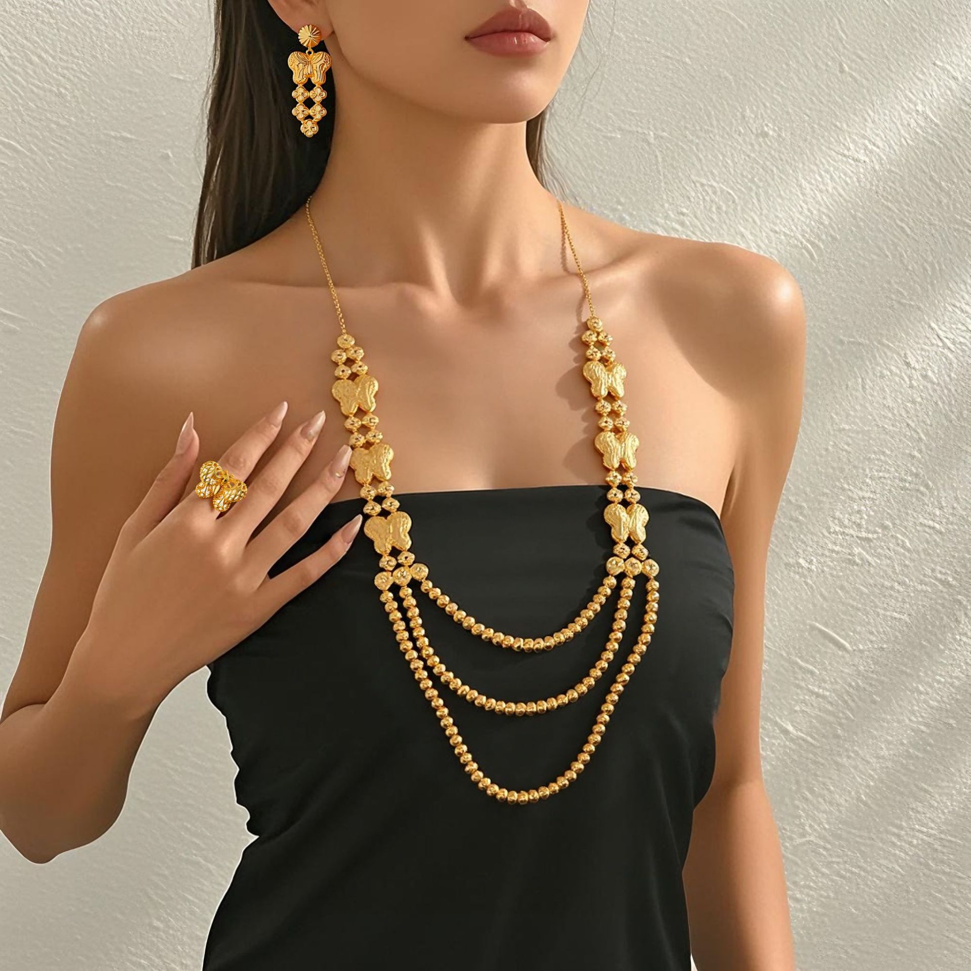 24K Gold Plated Ring Necklace Earrings Bracelet Jewelry Set - view 2