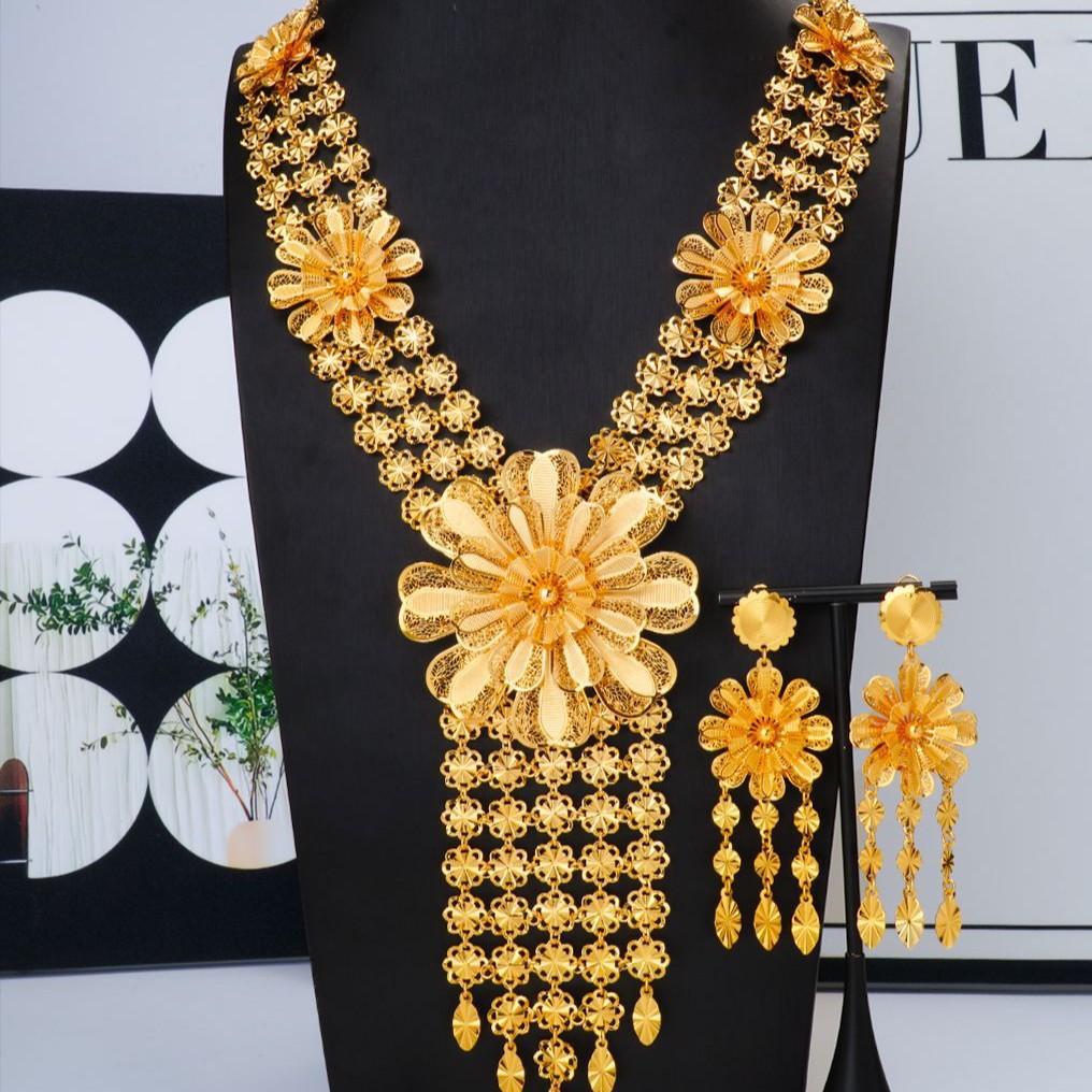 Copper Gold Plated Necklace Earrings Hollow Flower Dubai Mid Jewelry Set
