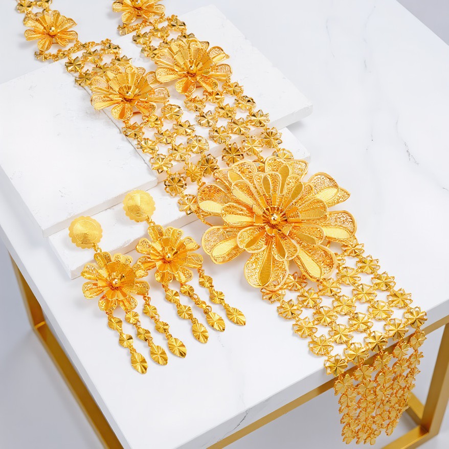 Copper Gold Plated Necklace Earrings Hollow Flower Dubai Mid Jewelry Set thumbnail 3