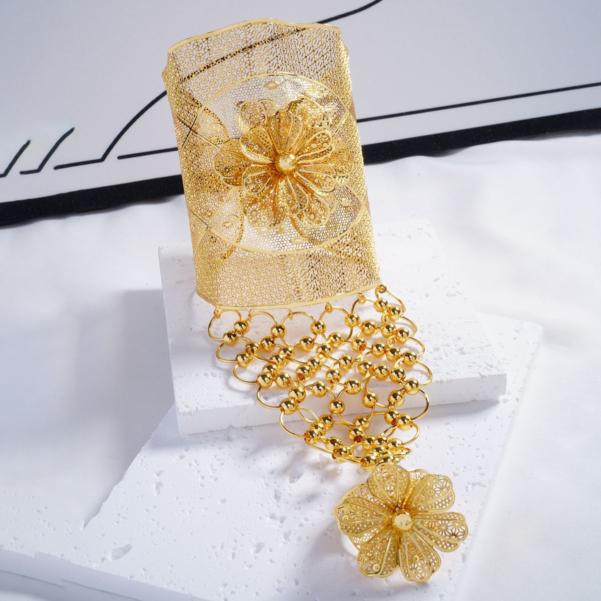 24K Gold Plated Ring Bracelet Hollow Exaggerated Flower Wedding Banq Jewelry Set - view 2