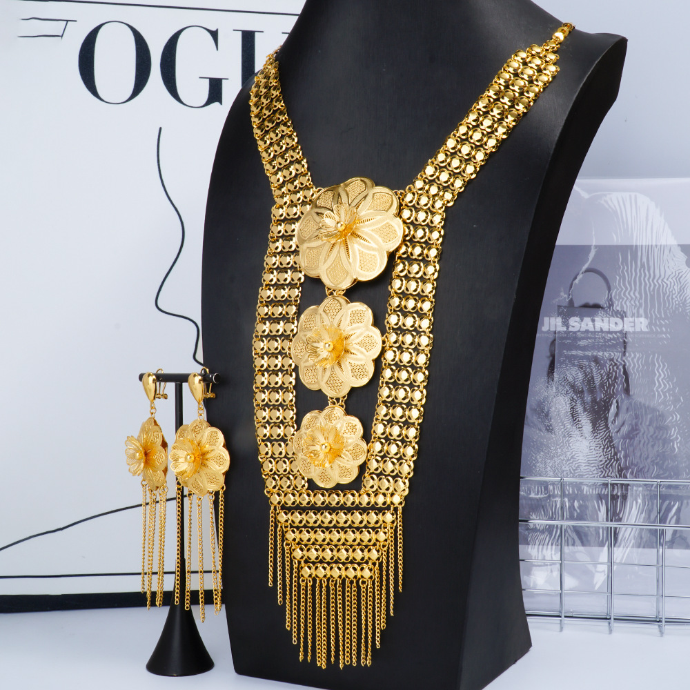 Gold Plated Necklace Earrings Exaggerated Flower Tassel Brid Jewelry Set