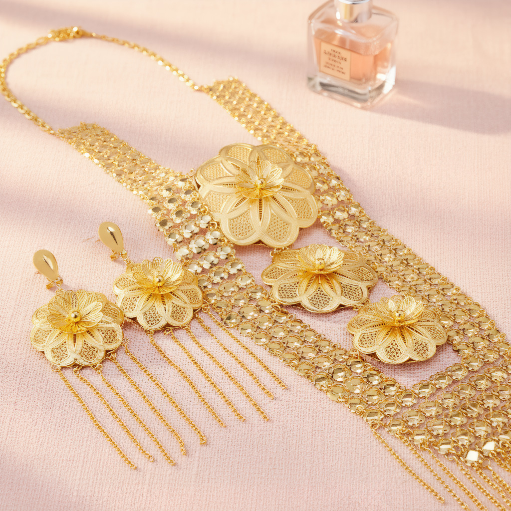 Gold Plated Necklace Earrings Exaggerated Flower Tassel Brid Jewelry Set - view 2