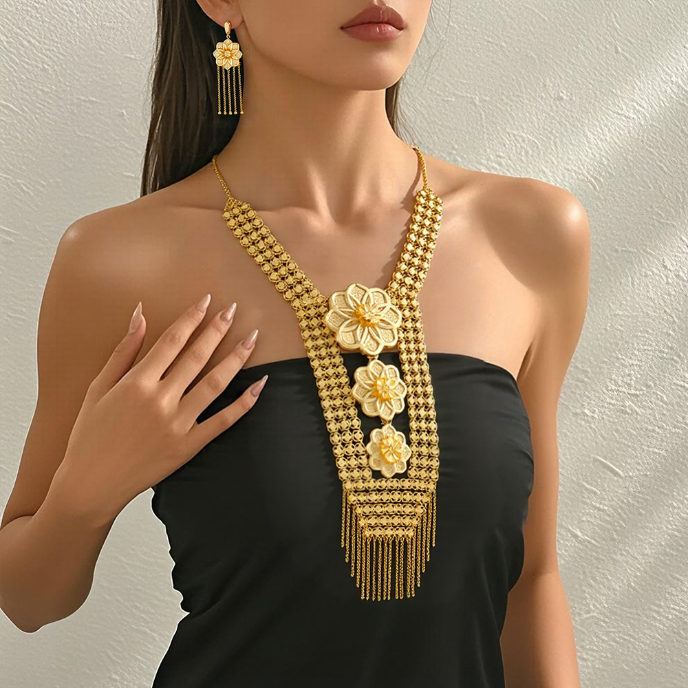 Gold Plated Necklace Earrings Exaggerated Flower Tassel Brid Jewelry Set thumbnail 3