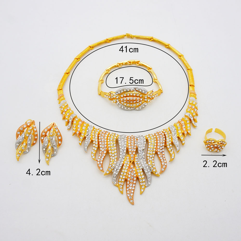24K Gold Plated 4-Piece Ring Necklace Earrings Bracelet Crystal Jewelry Set thumbnail 4