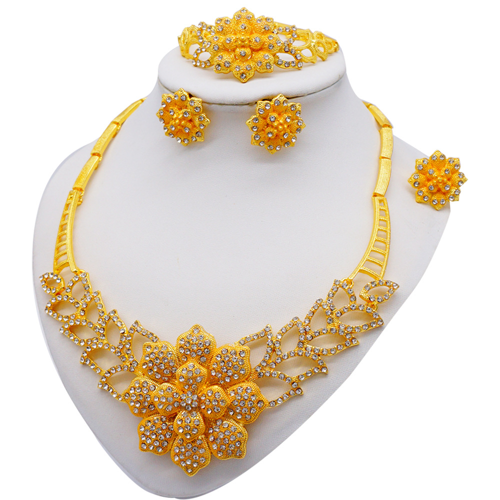 Gold Plated Ring Necklace Earrings Bracelet Crystal Flower Wedding A Jewelry Set