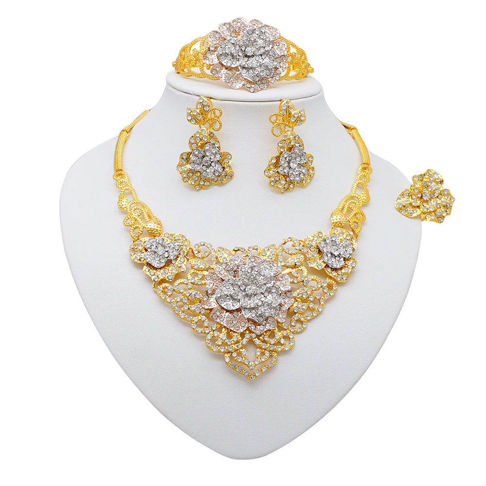4-Piece Gold Plated Ring Necklace Earrings Bracelet Crystal Flower Jewelry Set