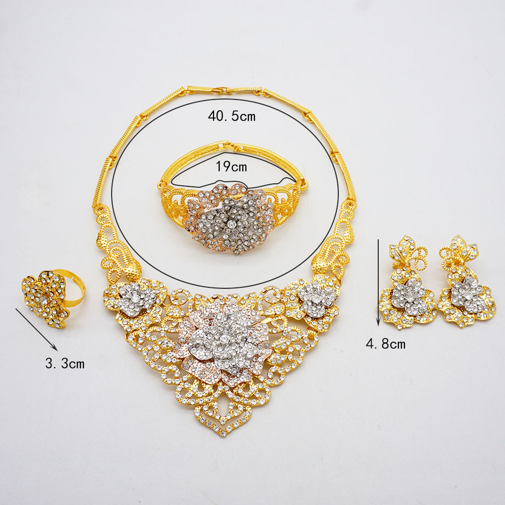 4-Piece Gold Plated Ring Necklace Earrings Bracelet Crystal Flower Jewelry Set thumbnail 4