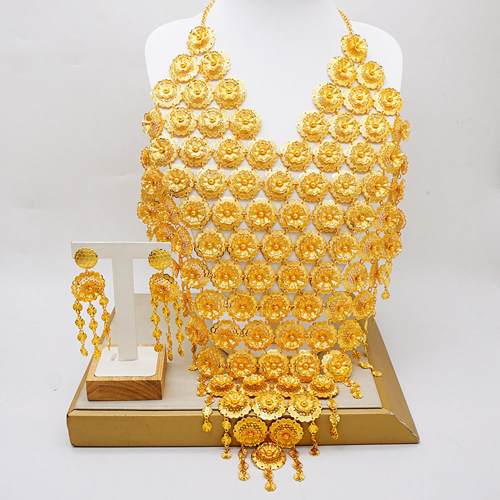 24K Gold Plated Necklace Earrings Tassel Dubai Jewelry Set