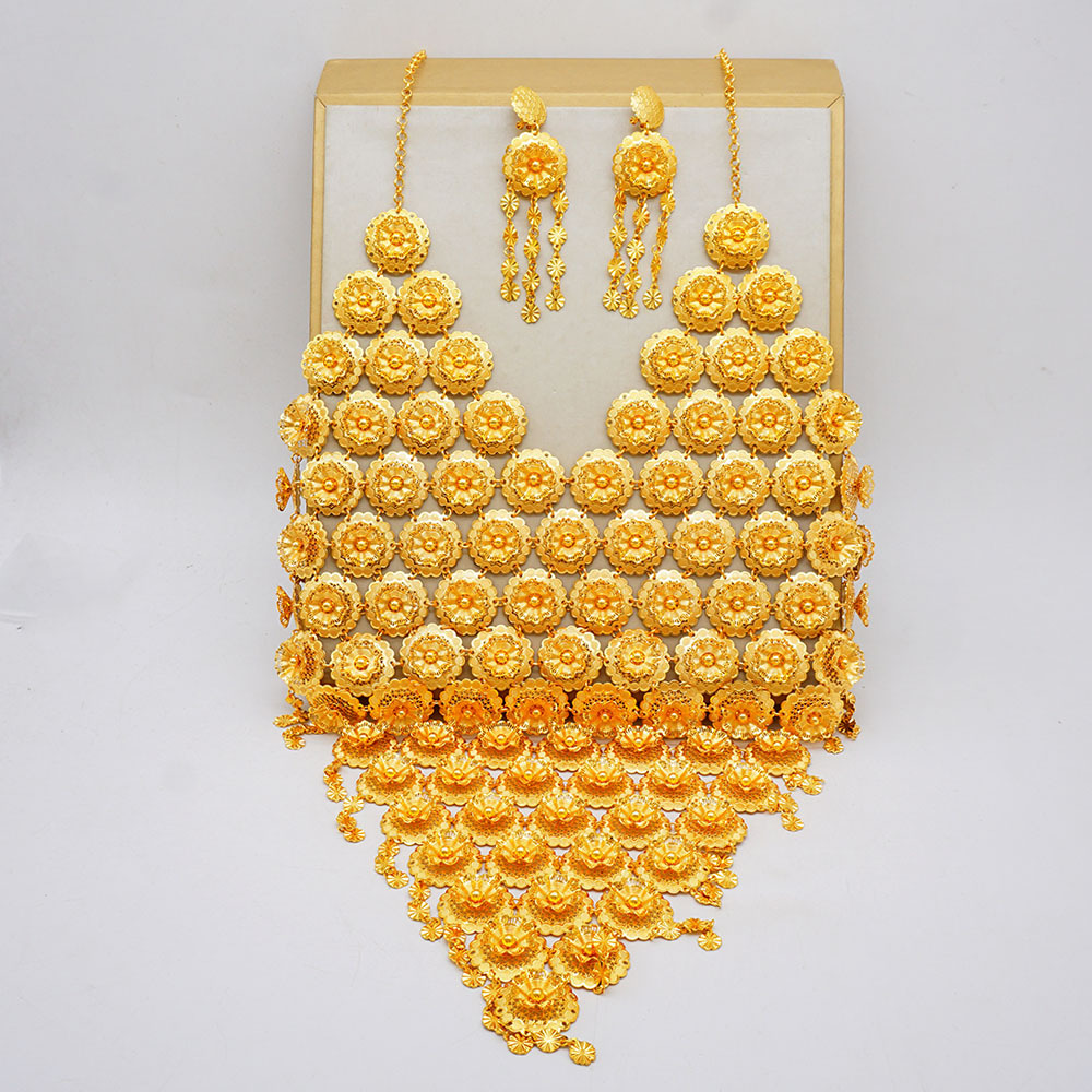 24K Gold Plated Necklace Earrings Tassel Dubai Jewelry Set thumbnail 5